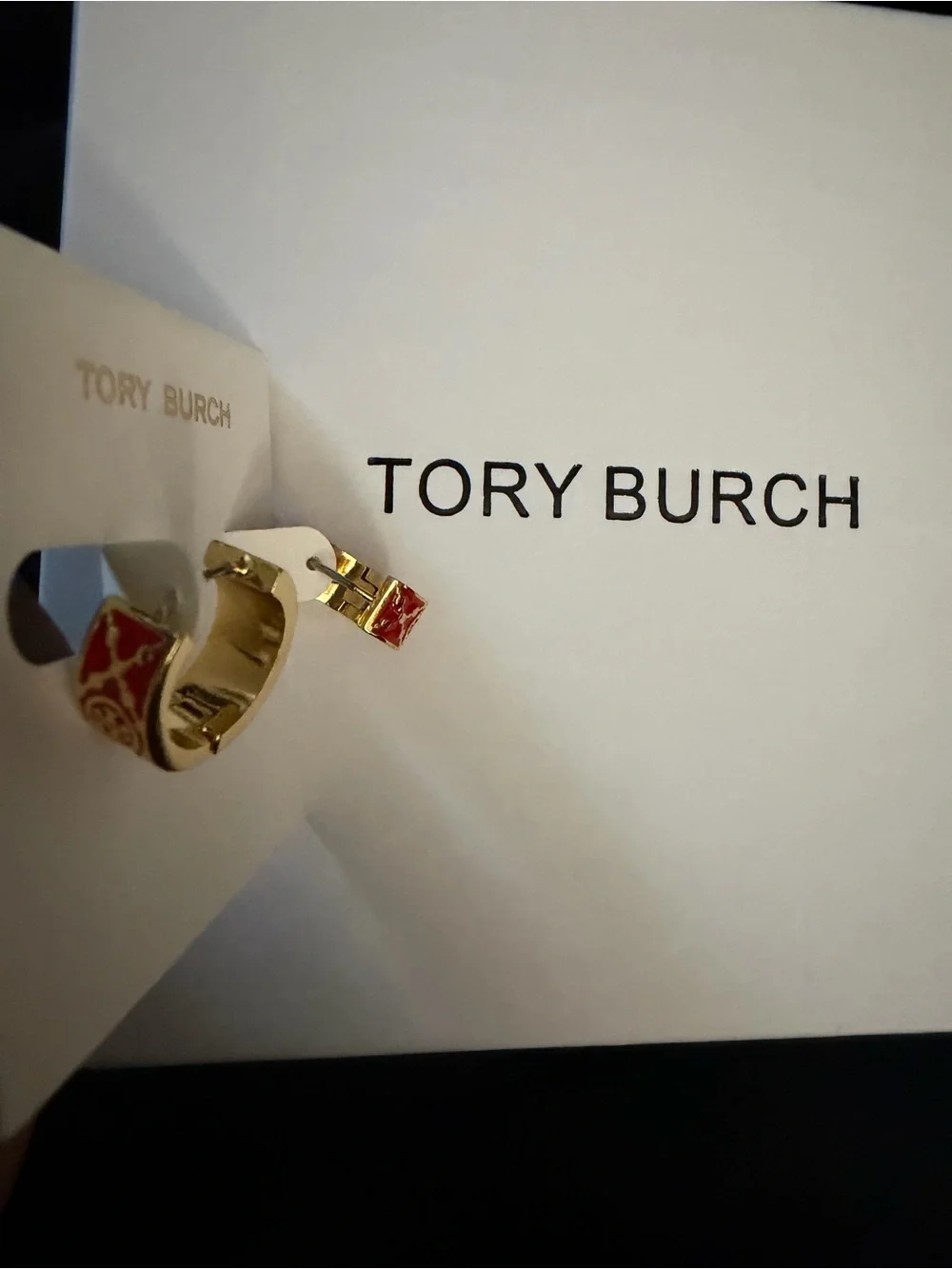 Tory Burch Gold Hoop Earrings with Red Enamel Trim